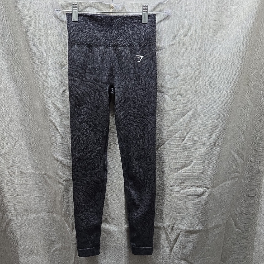 Gymshark, Leggings, Black, Grey, Wide Waistband, Gathered Buttox Area, Print